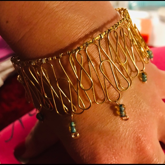 Handmade Plated Copper Wire Bracelet Dangly Beads - Picture 2 of 6